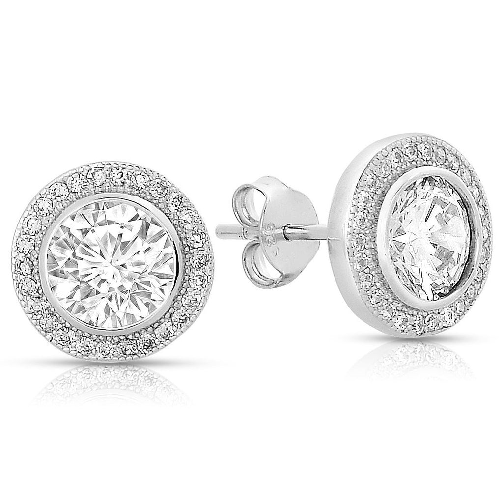 Sterling Silver Round Cubic Zirconia Halo Stud Earrings