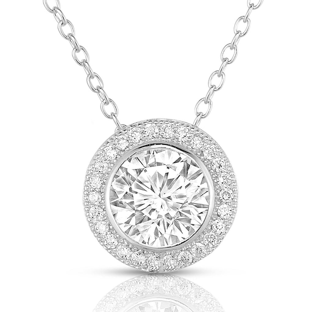 Sterling Silver Round Cubic Zirconia Halo Pendant Necklace