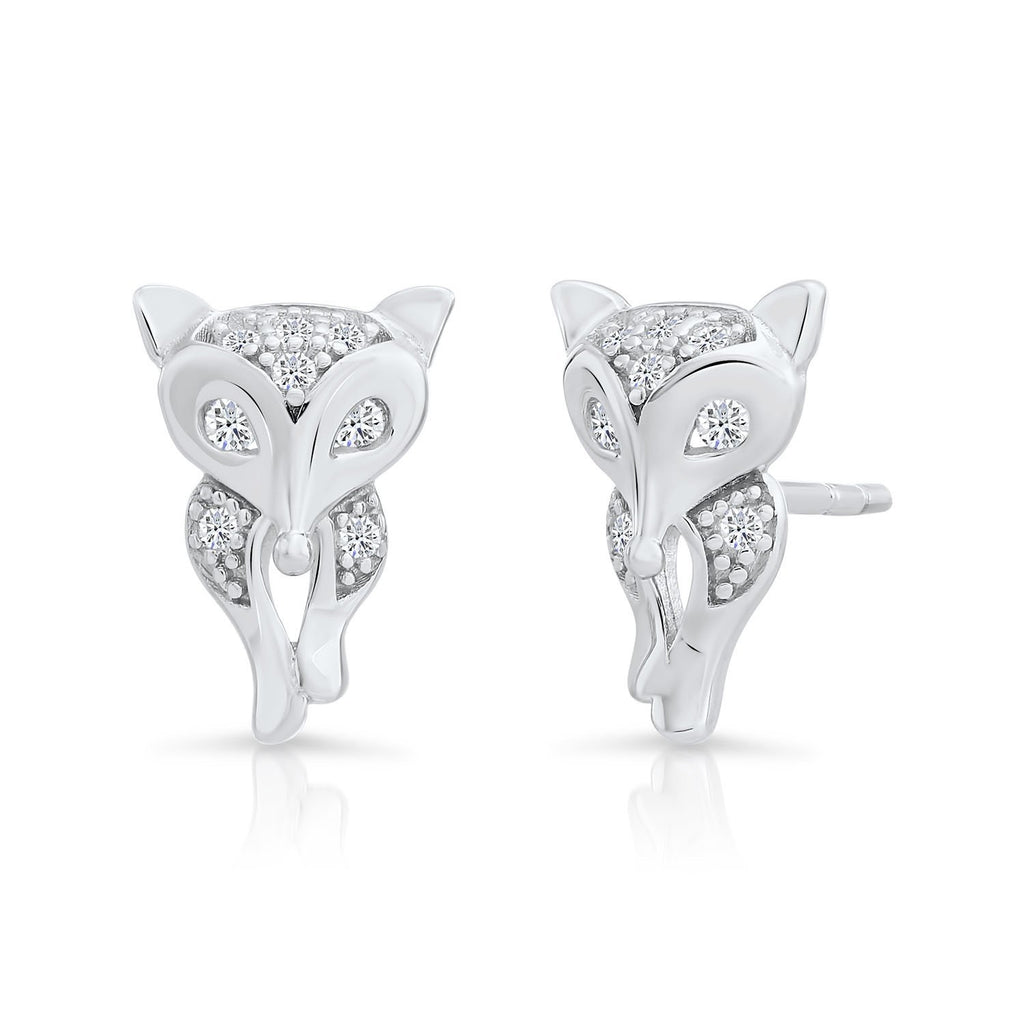 Sterling Silver Fox Stud Earrings with Cubic Zirconia