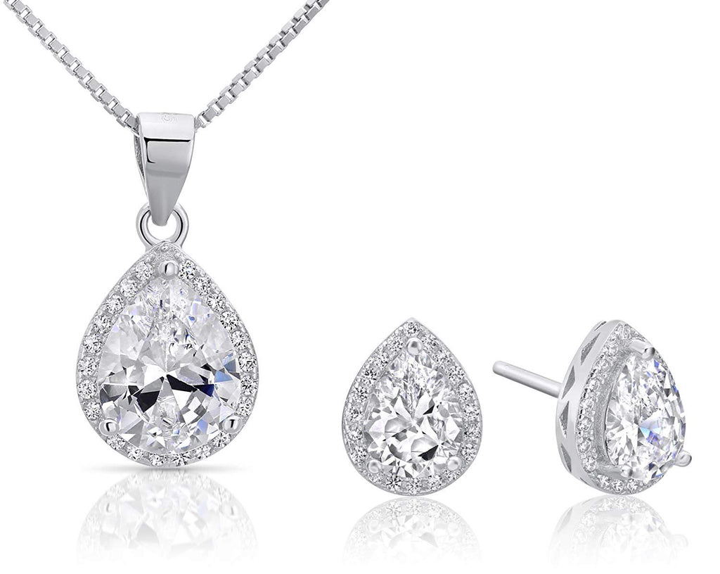 Sterling Silver Cubic Zirconia Pear-Shaped Teardrop Halo Pendant Necklace and Stud Earrings Jewelry Set