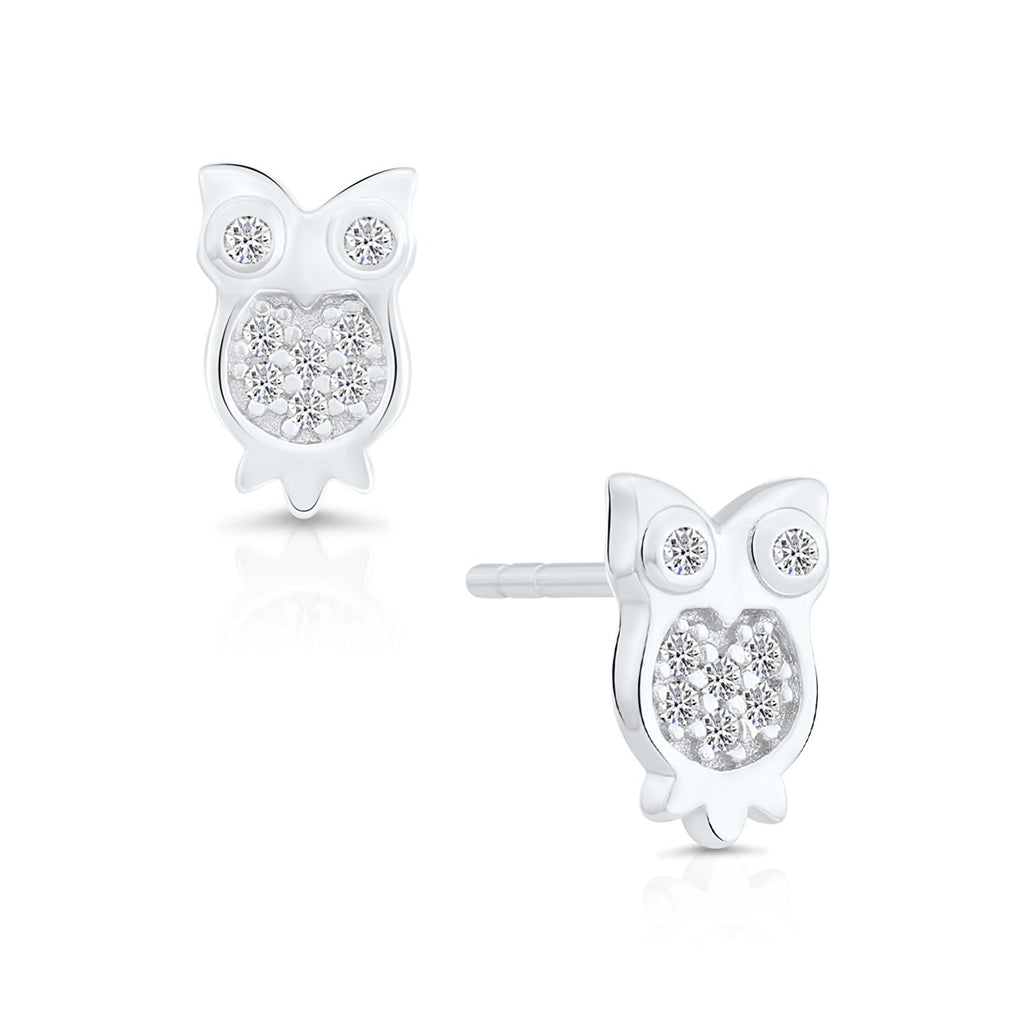 Sterling Silver Owl Stud Earrings with Cubic Zirconia