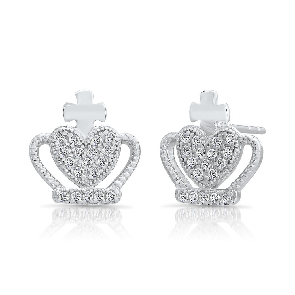 Sterling Silver Crown Stud Earrings with Cubic Zirconia