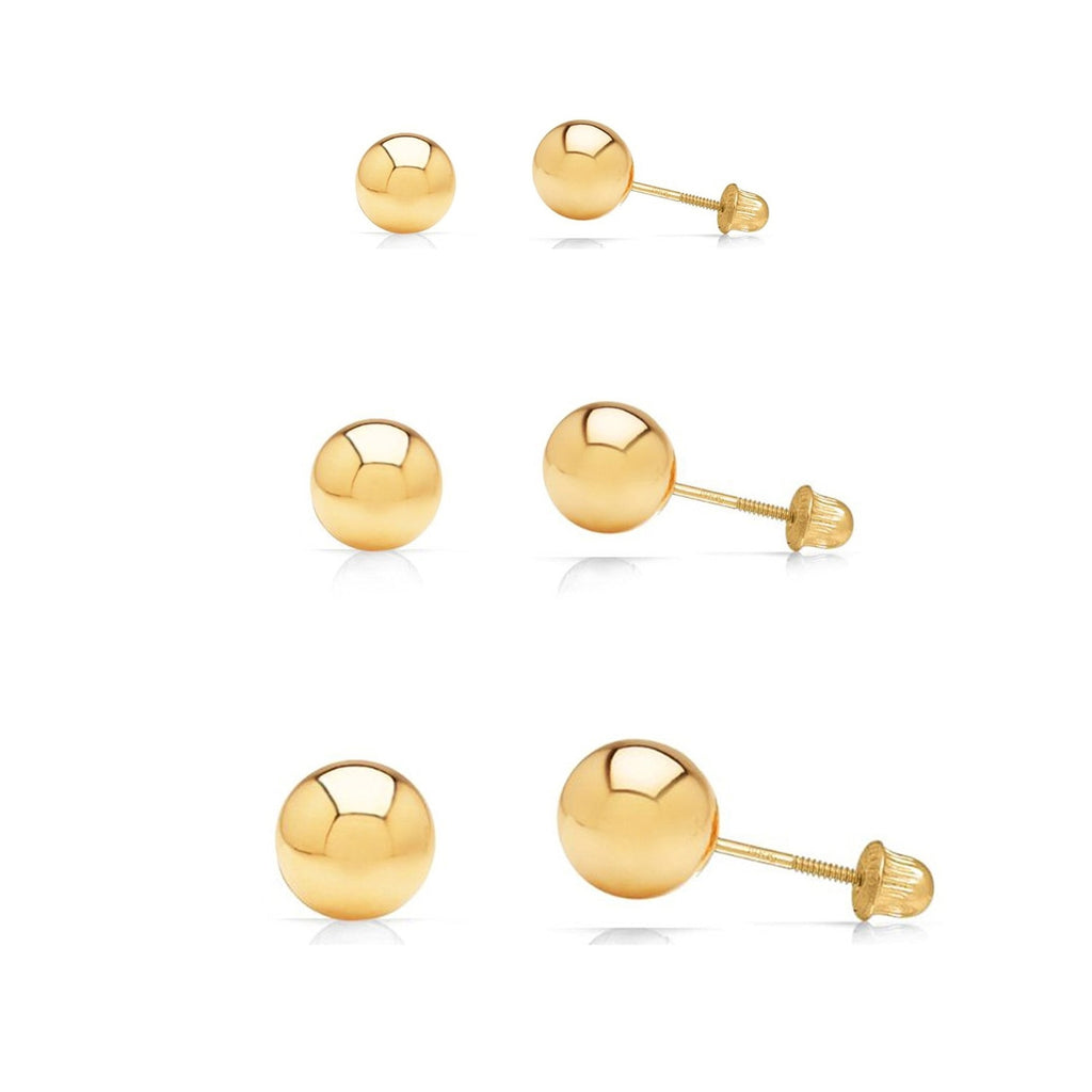 3 Pair Set 14k Yellow Gold Ball Stud Earrings 3mm, 4mm, 5mm with Secure Screw-Backs