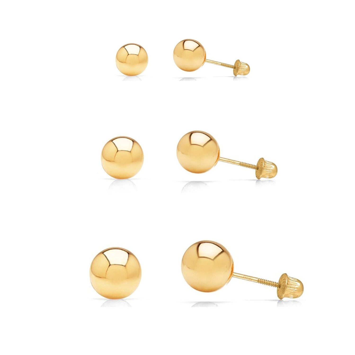 3 Pair Set 14k Yellow Gold Ball Stud Earrings 3mm, 4mm, 5mm with