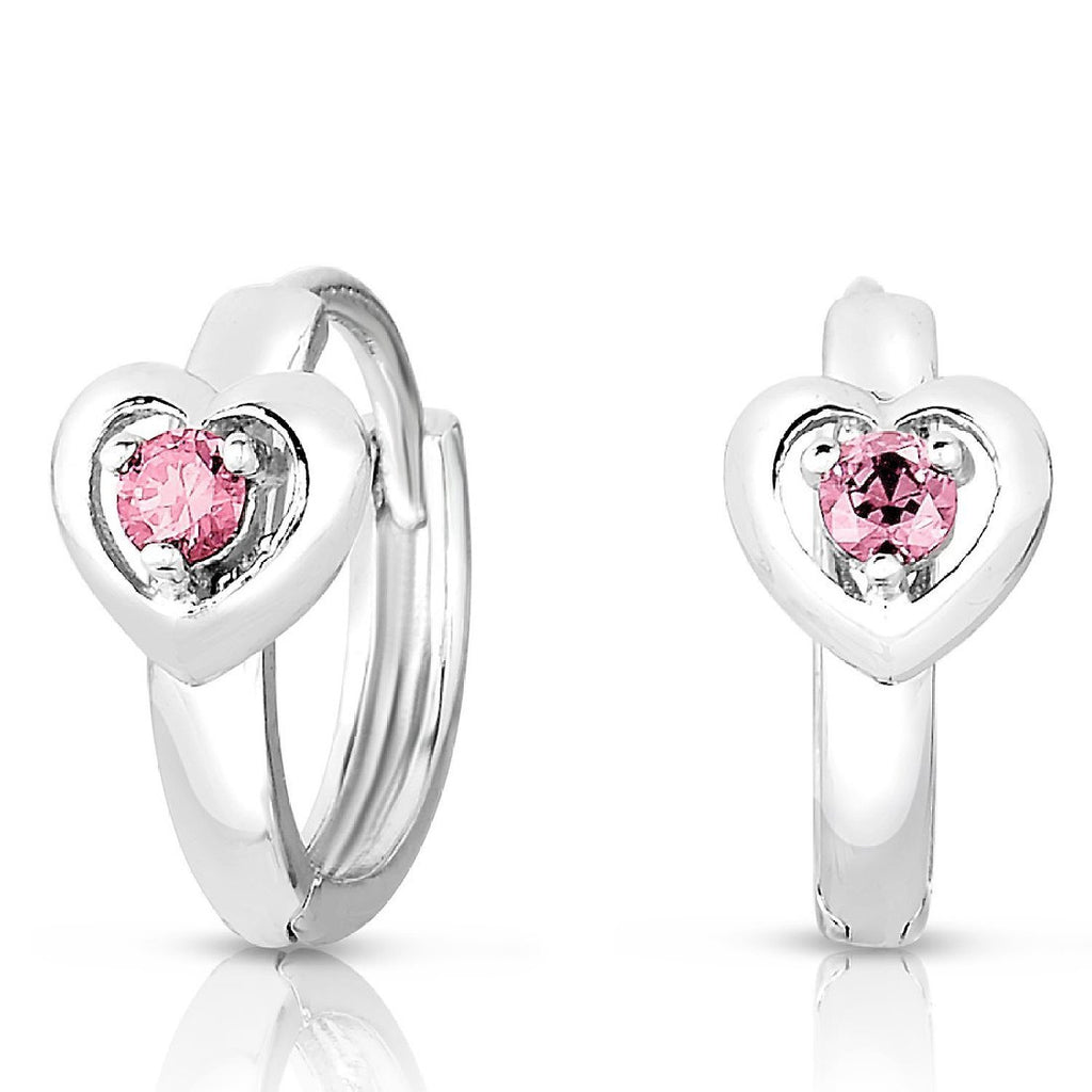 Girls 925 Sterling Silver Heart Design Round Huggie Earrings In Simulated Birthstone Colors