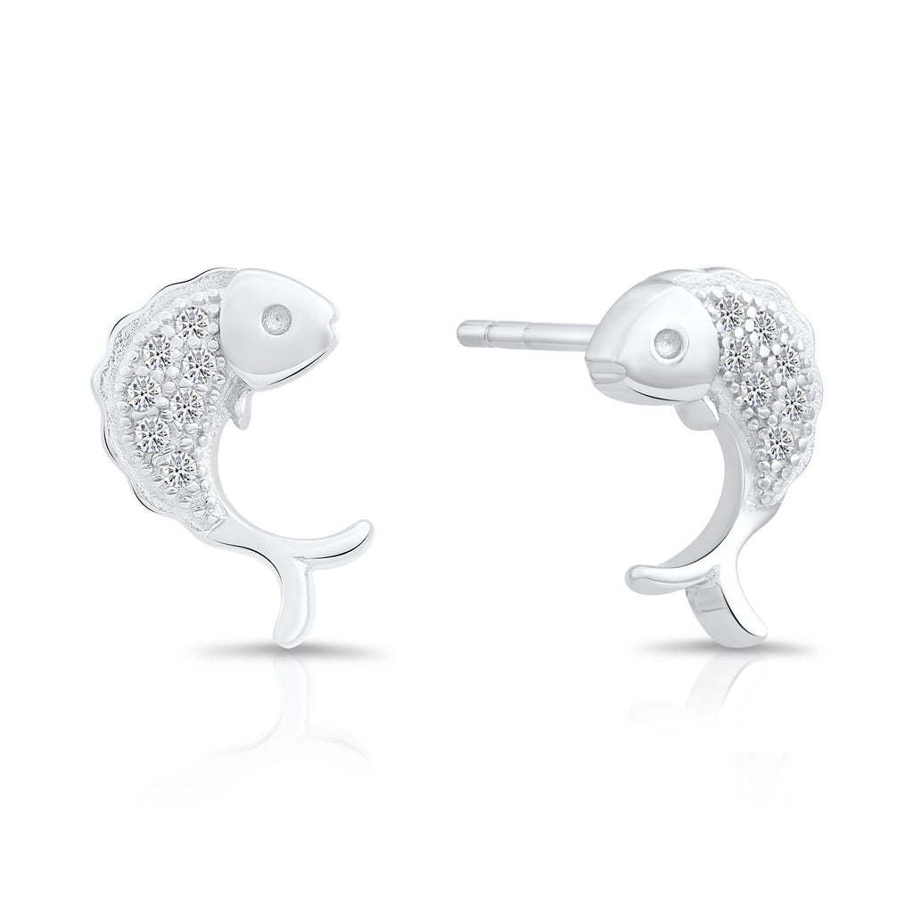 Sterling Silver Little Fish Stud Earrings with Cubic Zirconia