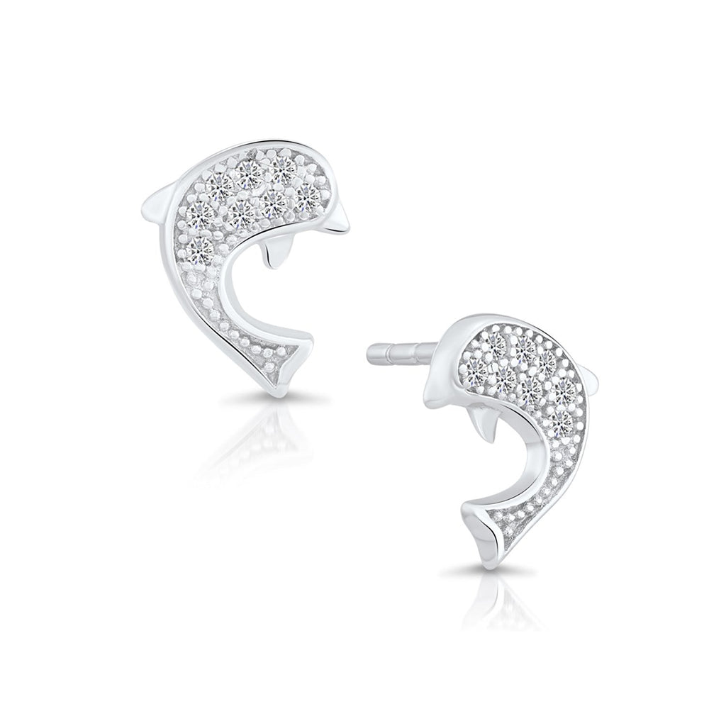 Sterling Silver Dolphin Stud Earrings with Cubic Zirconia