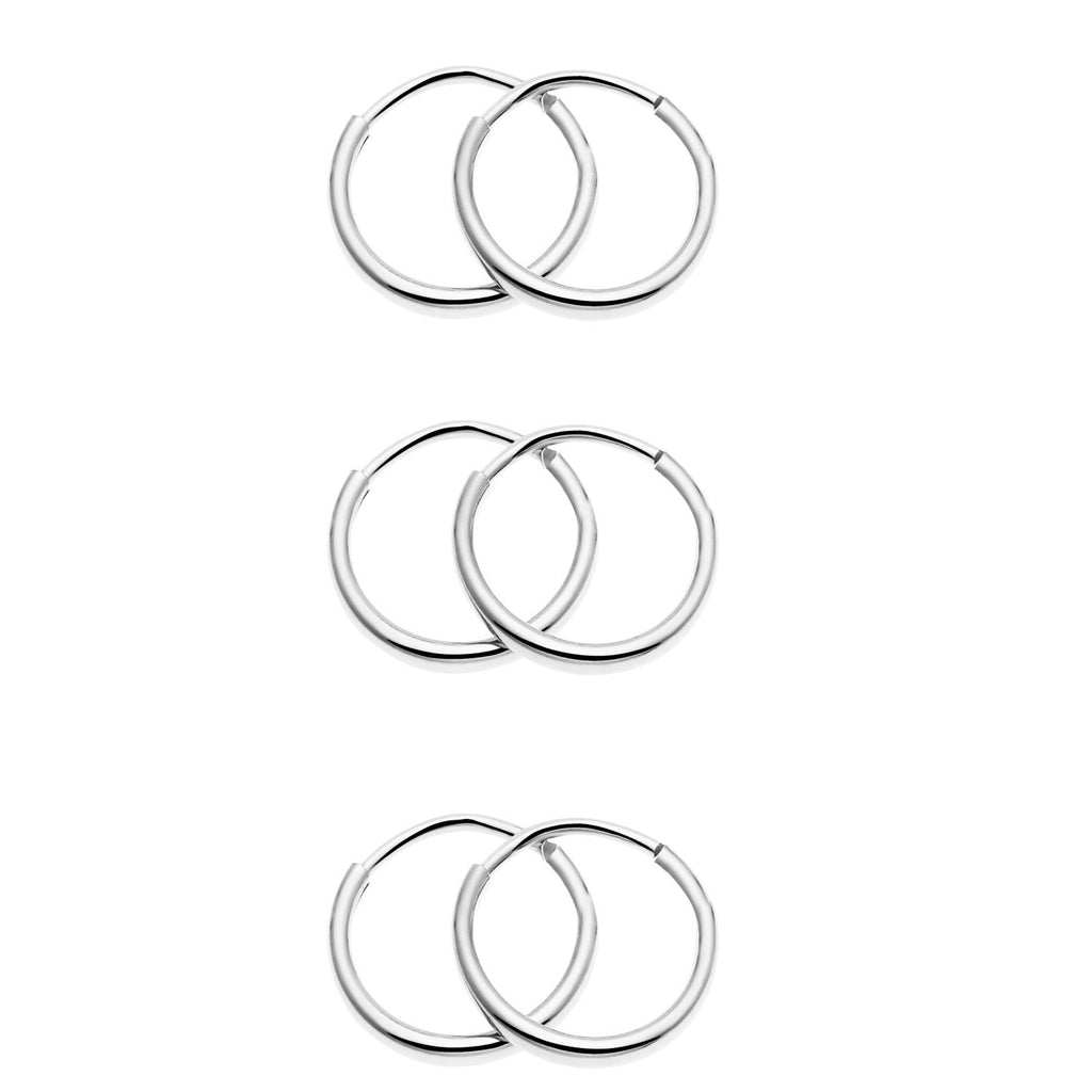 Tiny 14k White Gold Small Endless 10mm Round Unisex Hoop Earrings, 3 Pairs Set