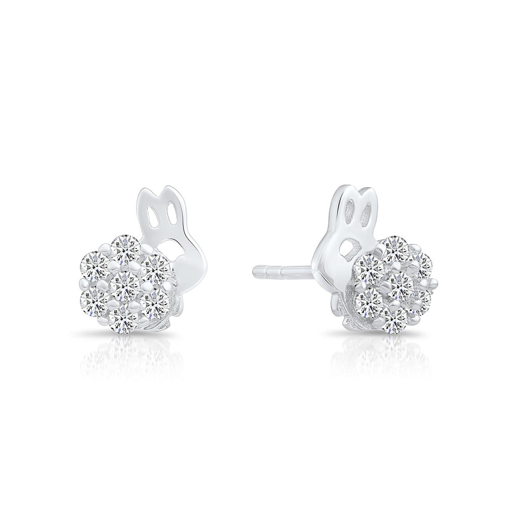 Small Sterling Silver Cute Bunny Stud Earrings with Cubic Zirconia