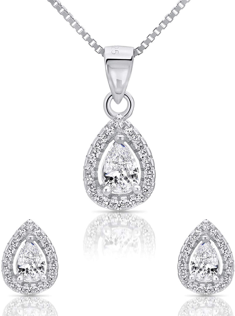 Sterling Silver Cubic Zirconia Small Pear-Shaped Teardrop Halo Pendant Necklace and Stud Earring Set