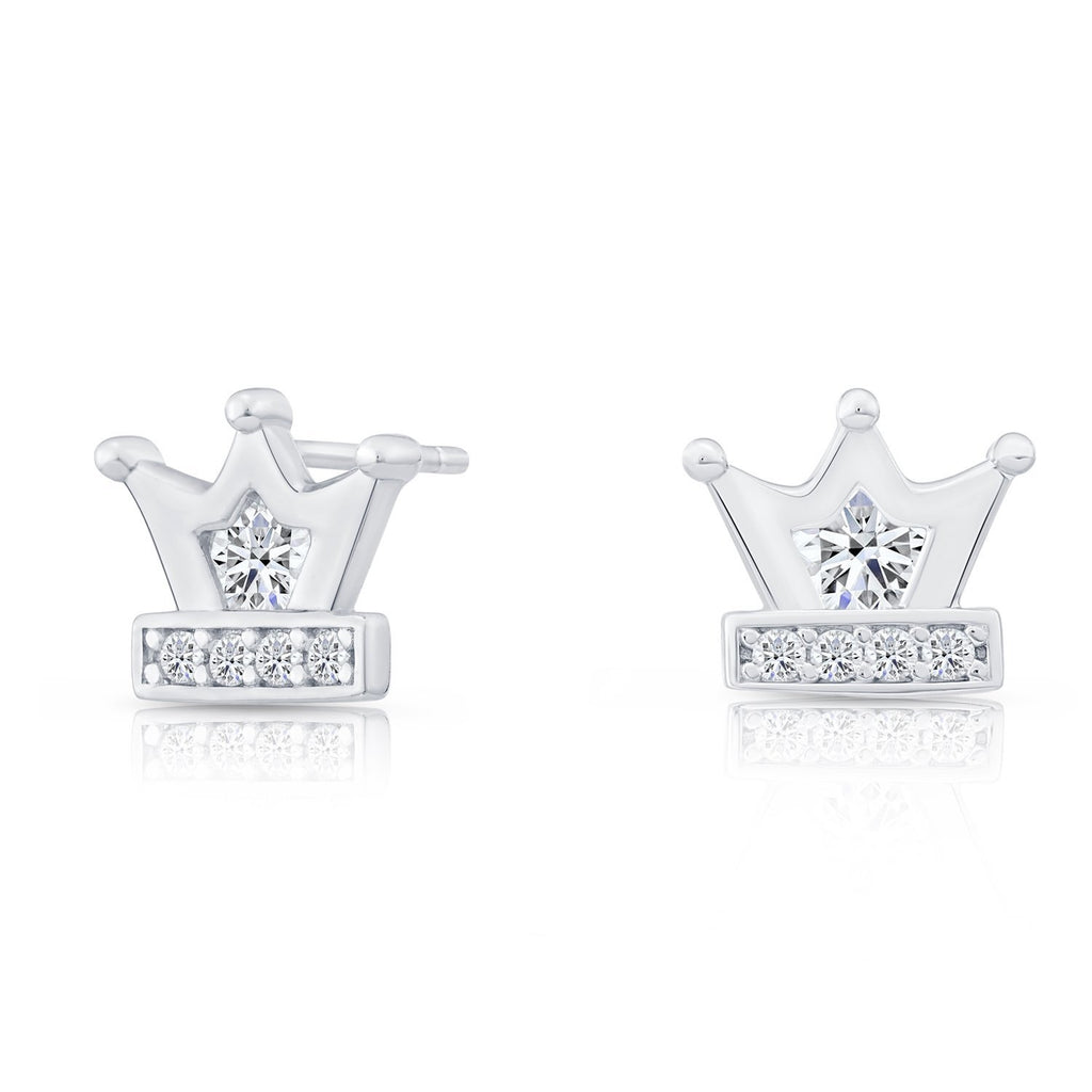 Sterling Silver Small Crown Stud Earrings with Cubic Zirconia