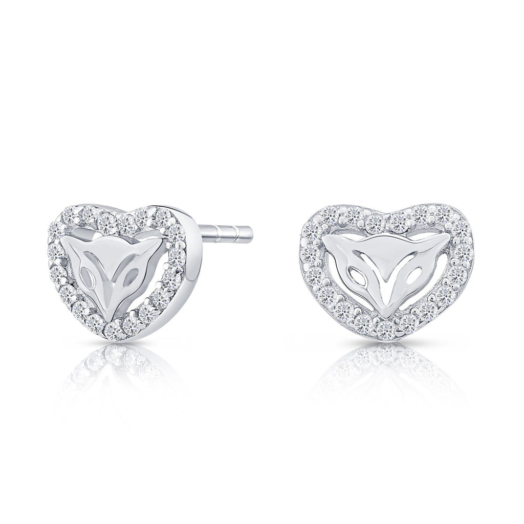 Sterling Silver Heart Fox Stud Earrings with Cubic Zirconia