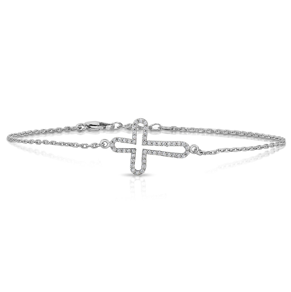Sterling Silver Sideways Cross Bracelet with Cubic Zirconia