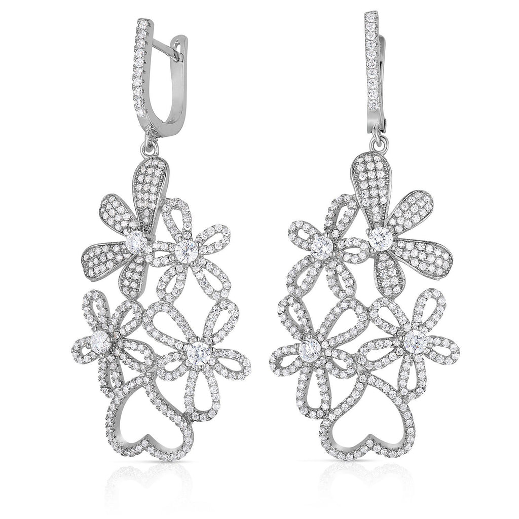 Sterling Silver Cubic Zirconia Daisy and Heart Bridal Chandelier Earrings