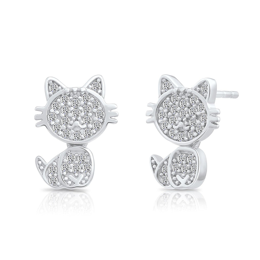 Sterling Silver Kitty Cat Dangling Stud Earrings with Cubic Zirconia