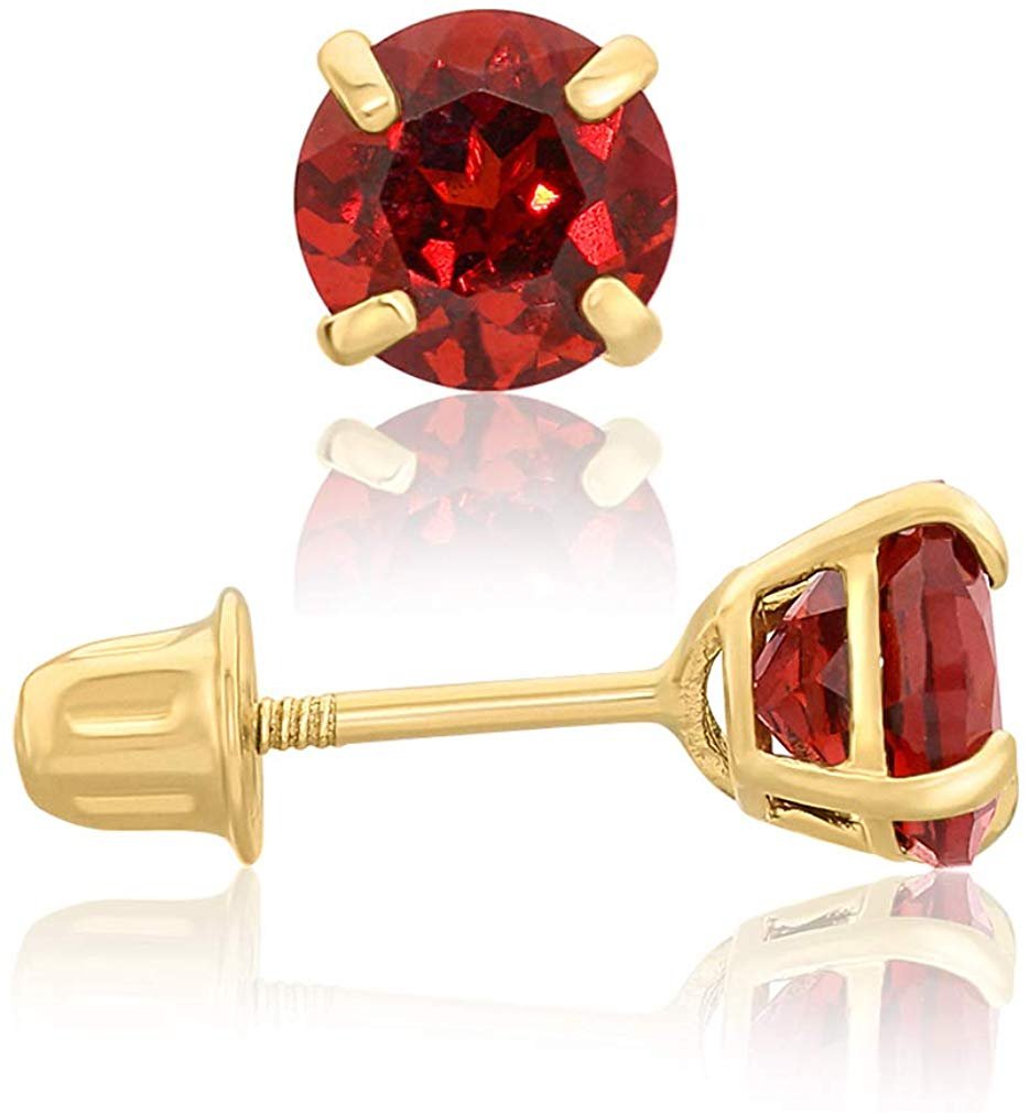 14k Yellow Gold 5mm Garnet Round-Cut Solitaire Stud Earrings with Secure Comfortable Screw Backings