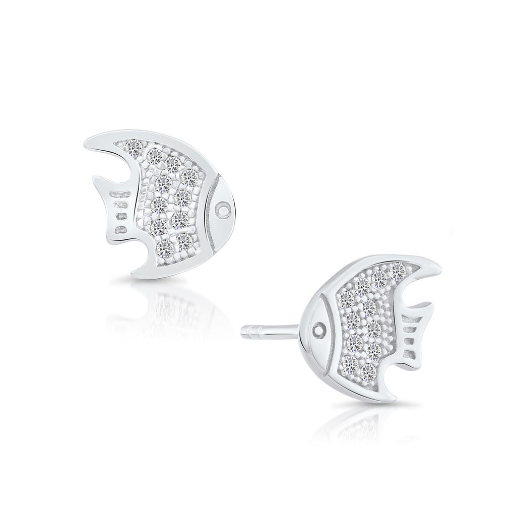 Small Sterling Silver Cute Fish Stud Earrings with Cubic Zirconia