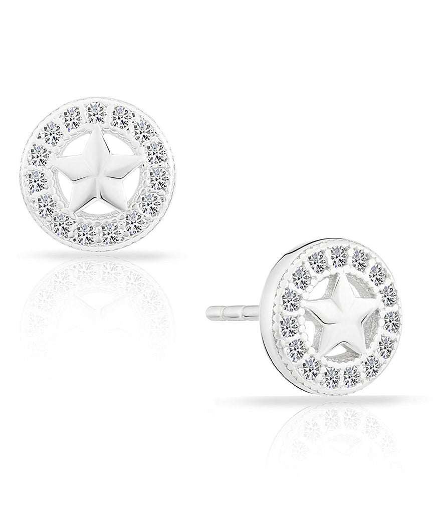 Sterling Silver Circle Star Stud Earrings with Cubic Zirconia