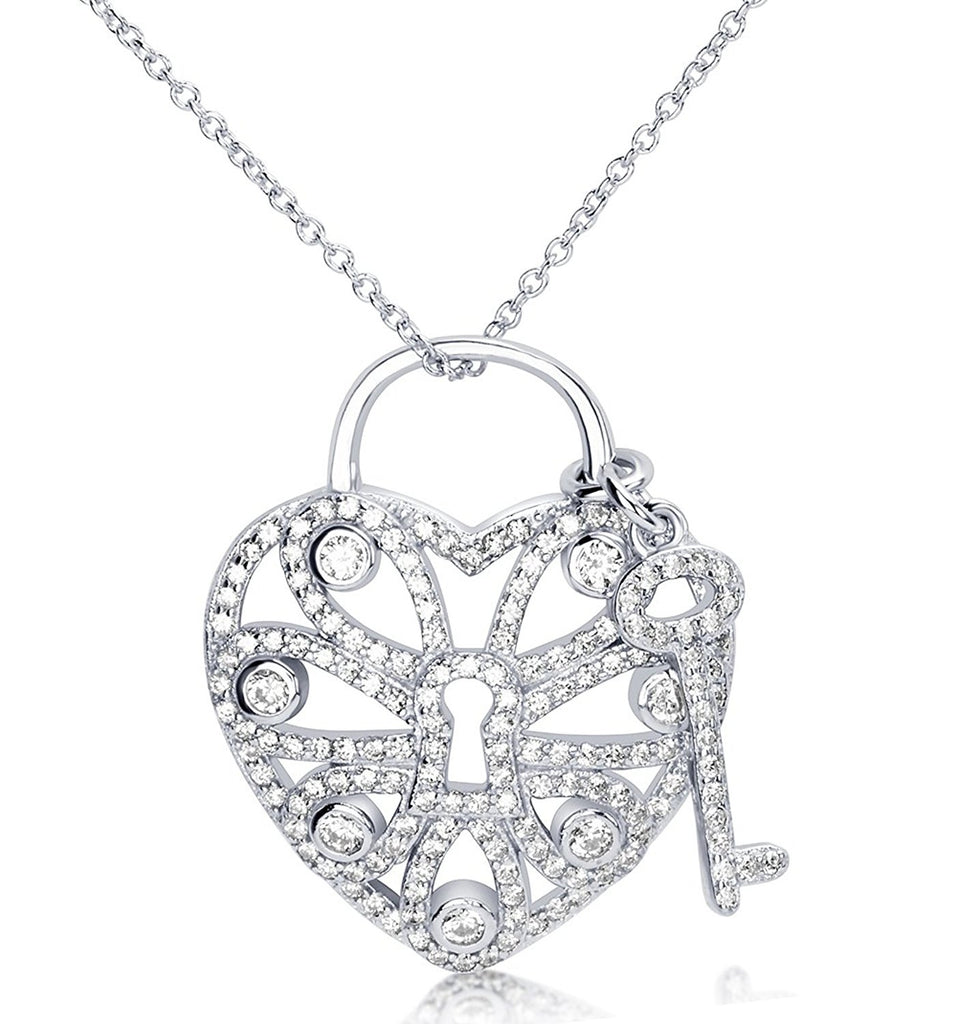 Sterling Silver Cubic Zirconia Heart Shape Lock-and-key Pendant Necklace, 18"