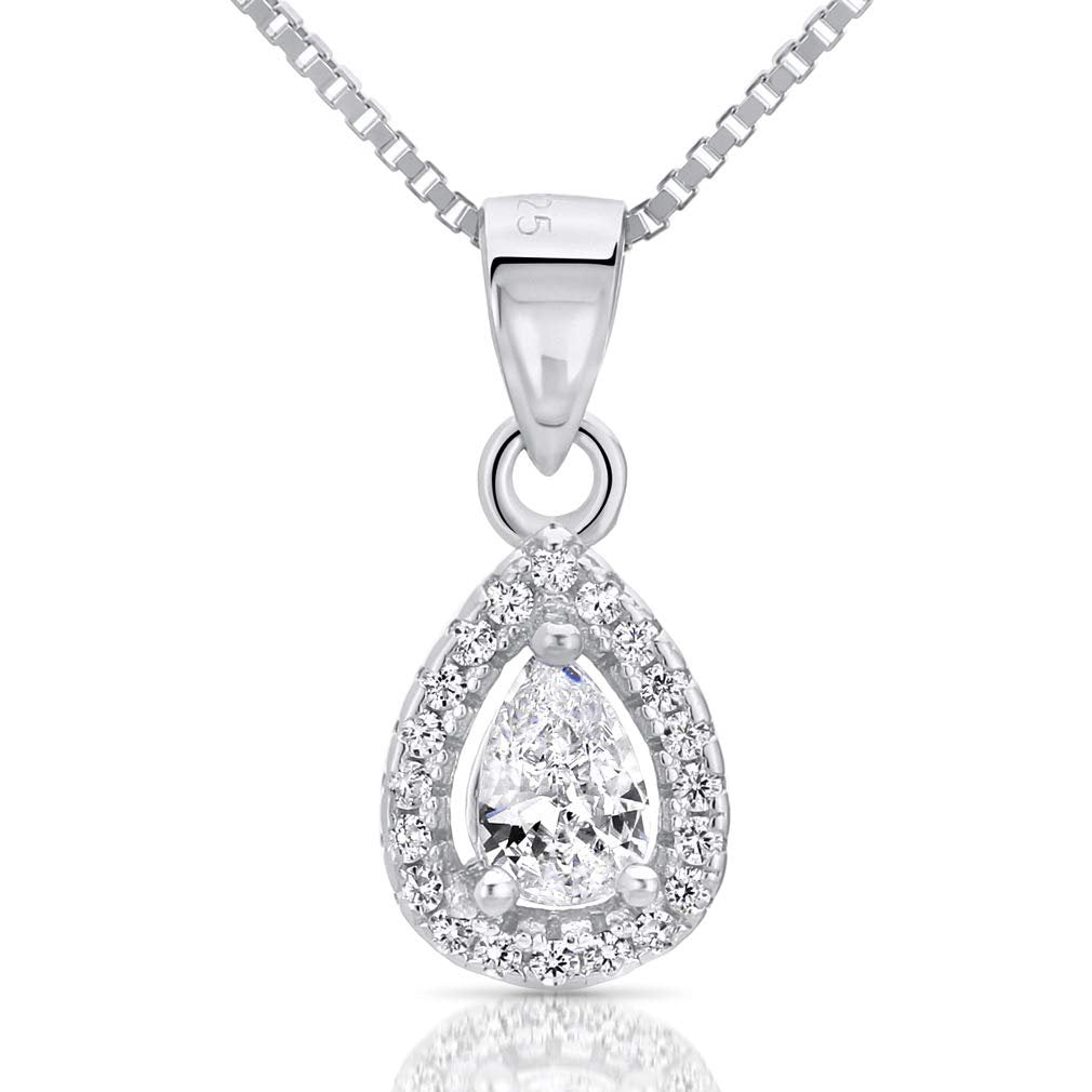 Sterling Silver Cubic Zirconia Necklace Pendant with Pave Frame Halo and Pear-Shaped Teardrop, 18"