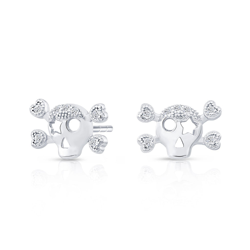Sterling Silver Skull and Crossbones Stud Earrings with Cubic Zirconia