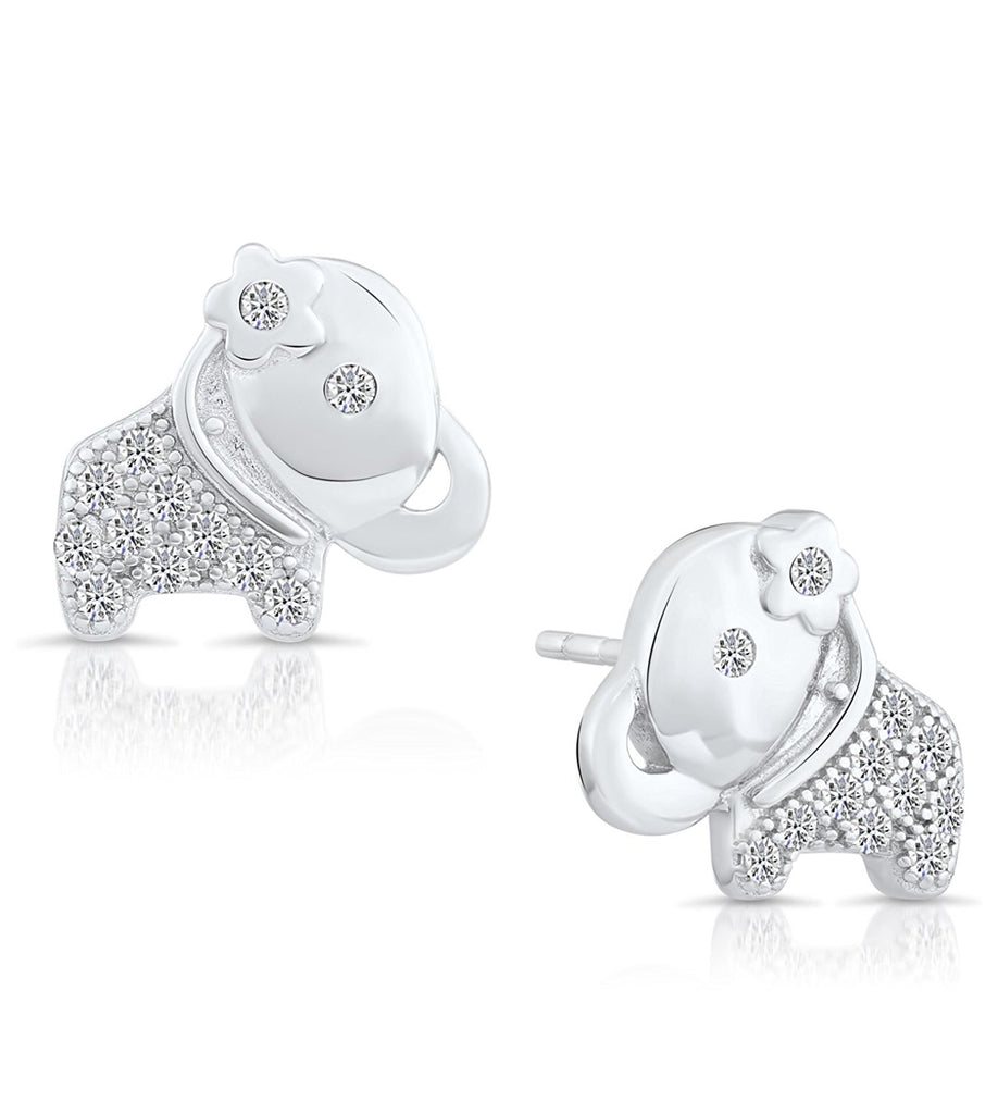 Girls Sterling Silver Little Elephant Stud Earrings with Cubic Zirconia