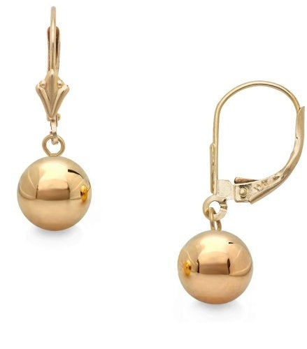 14k Gold 7mm Ball Drop Dangle Earrings with Leverback 1" Dangle