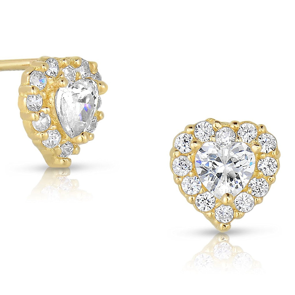Tiny 14k Yellow Gold Heart Stud Earrings in Cubic Zirconia CZ Birth Month with Secure Screw Backs