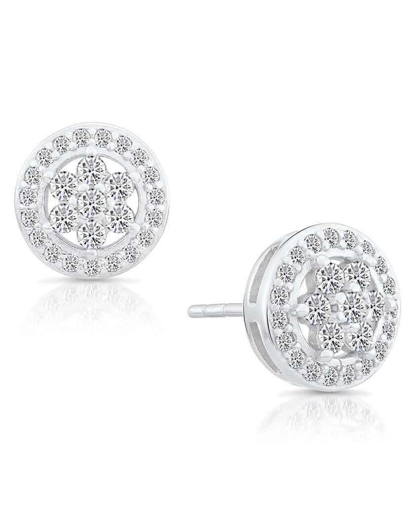 Sterling Silver Circle Flower Halo Stud Earrings with Cubic Zirconia