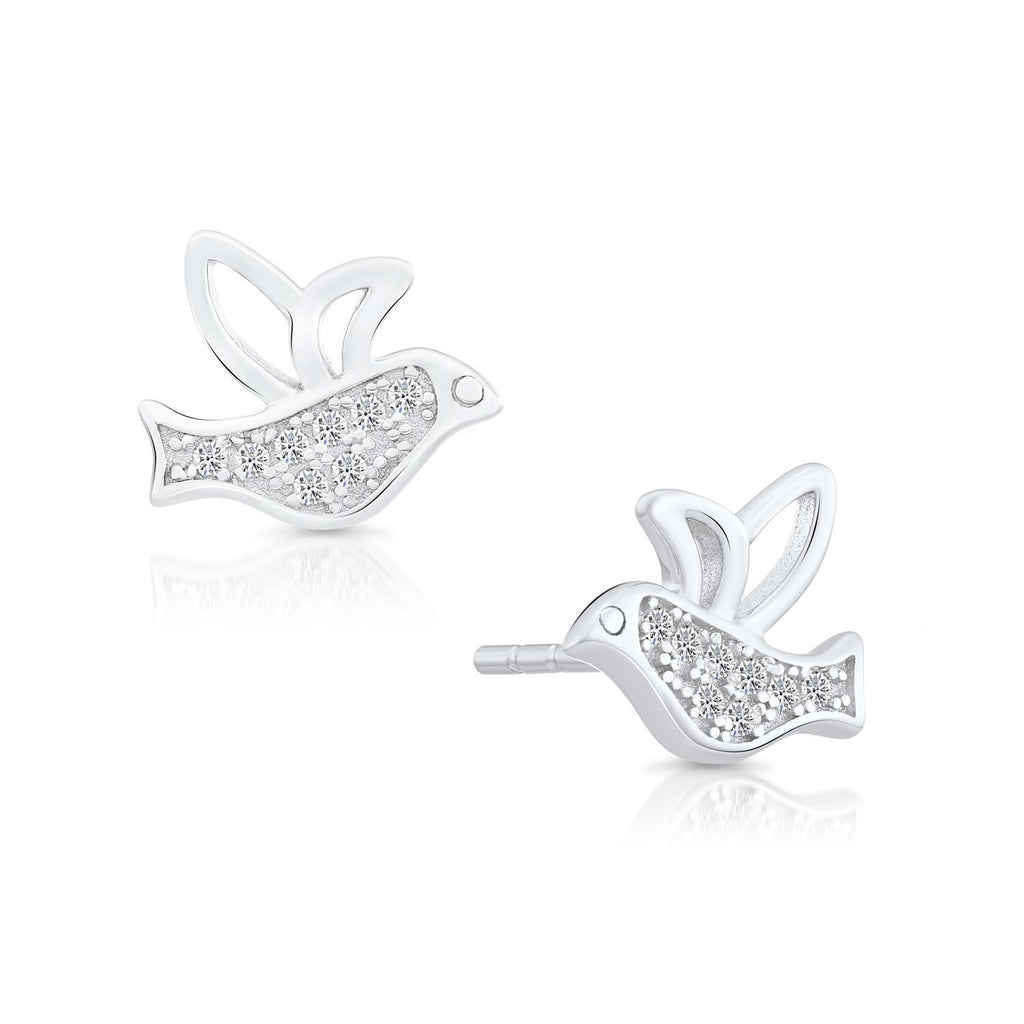 Sterling Silver Little Bird Stud Earrings with Cubic Zirconia