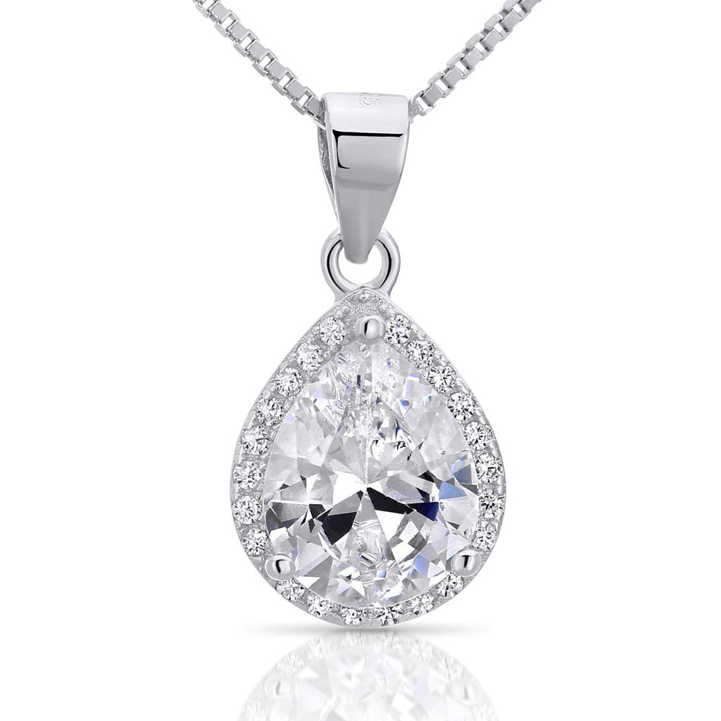 Sterling Silver Cubic Zirconia Bridal Necklace Pendant with Pave Frame Halo and Pear-Shaped Teardrop, 18"