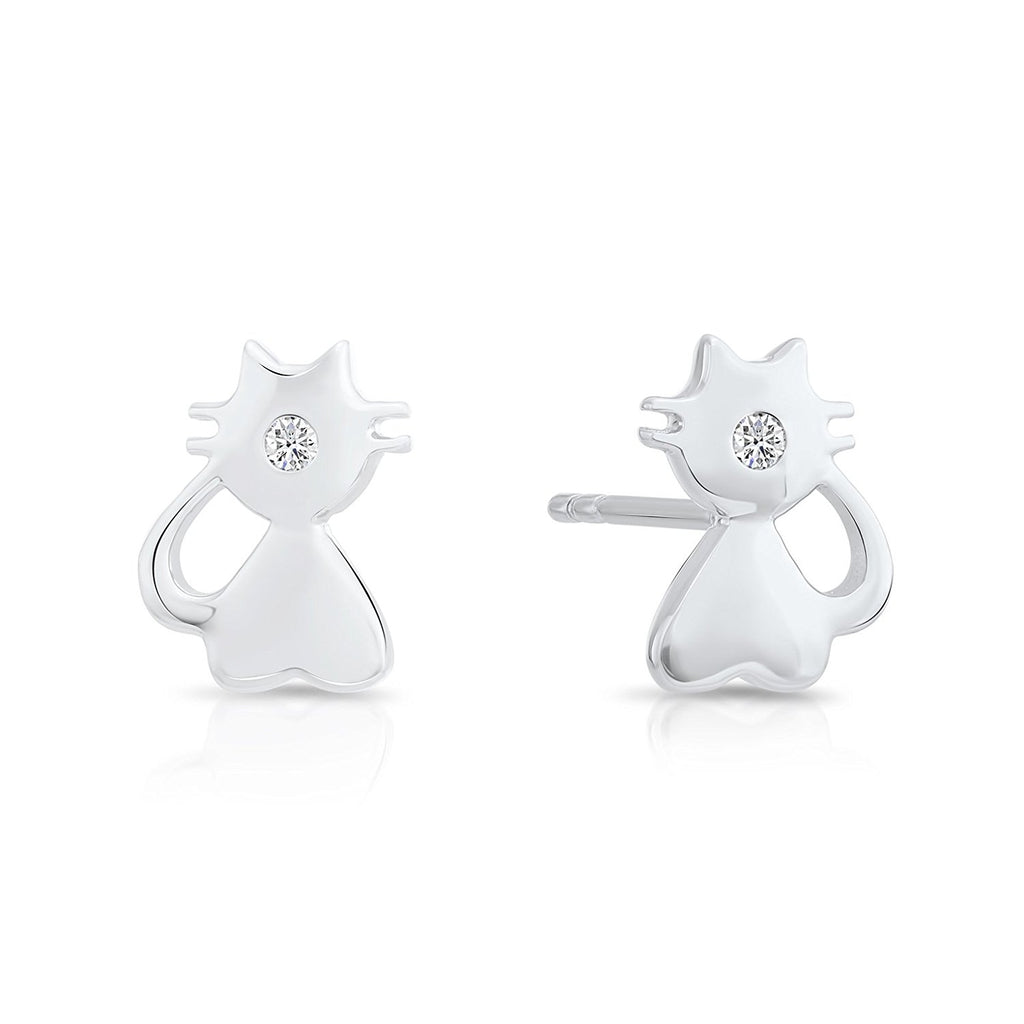 Sterling Silver Small Cat Stud Earrings with Cubic Zirconia