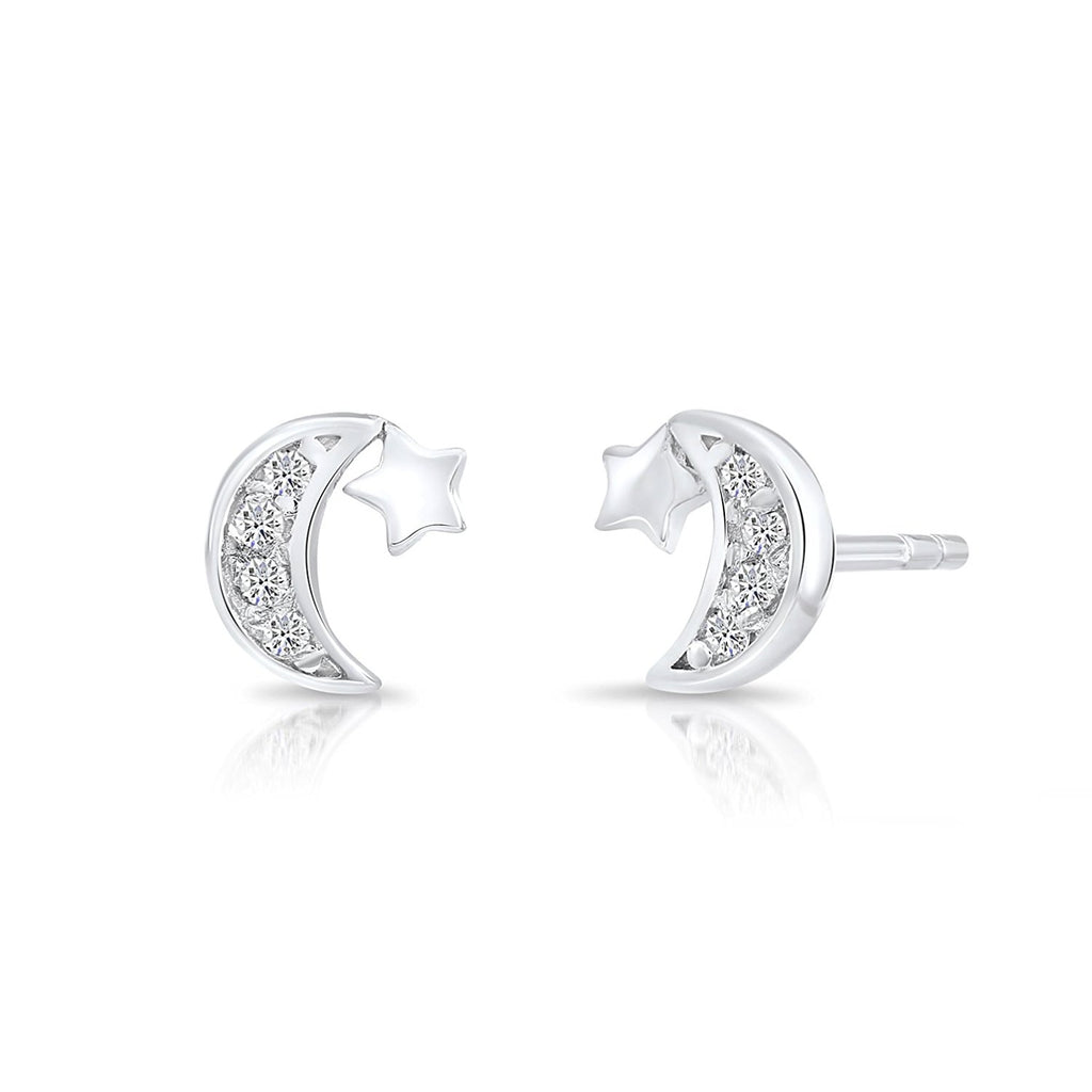 Tiny Sterling Silver Little Moon and Star Stud Earrings with Cubic Zirconia