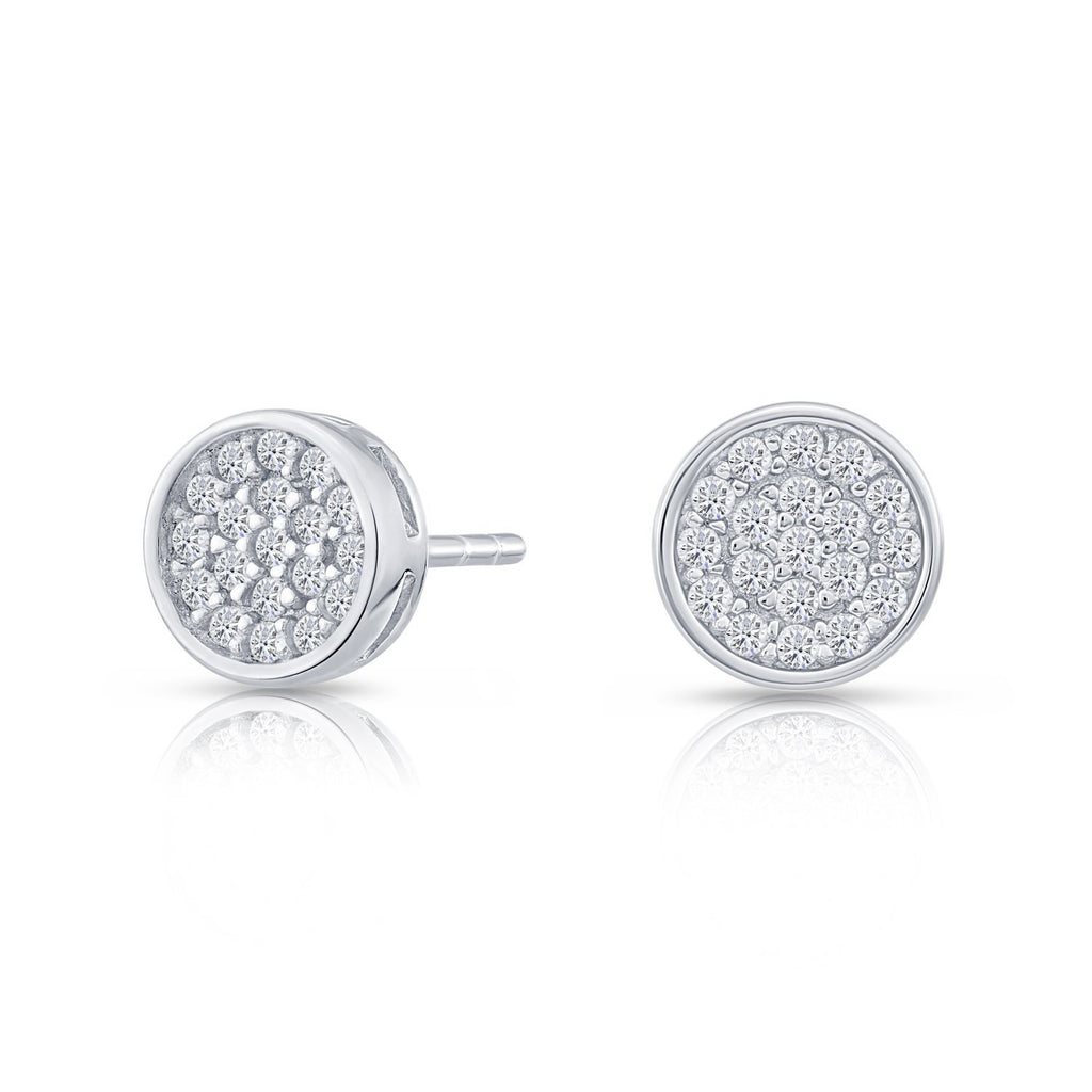 Tiny Sterling Silver Small Pave Disc Stud Earrings with Cubic Zirconia