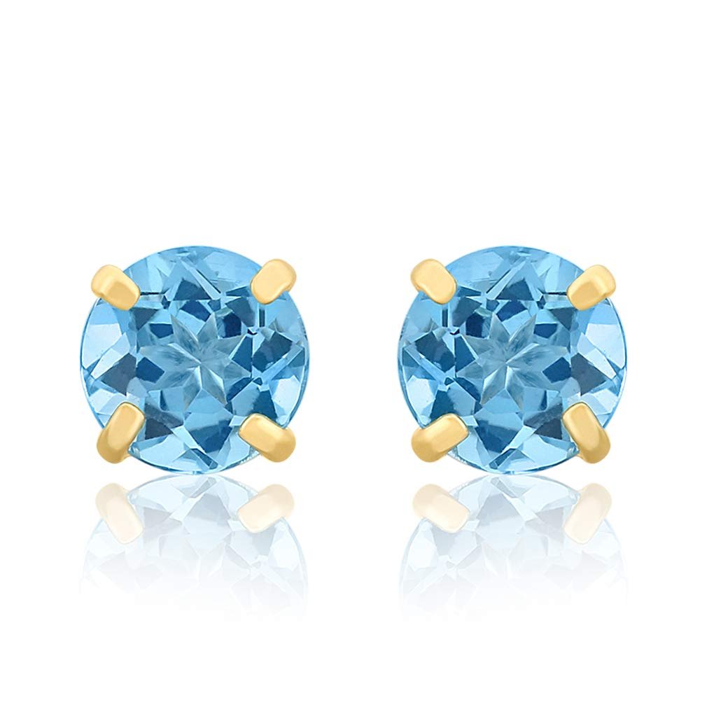14K Yellow Gold Blue-Topaz Gemstone Birthstone Solitaire Stud Earrings With Friction Backs, (1.20 cttw, 5MM)