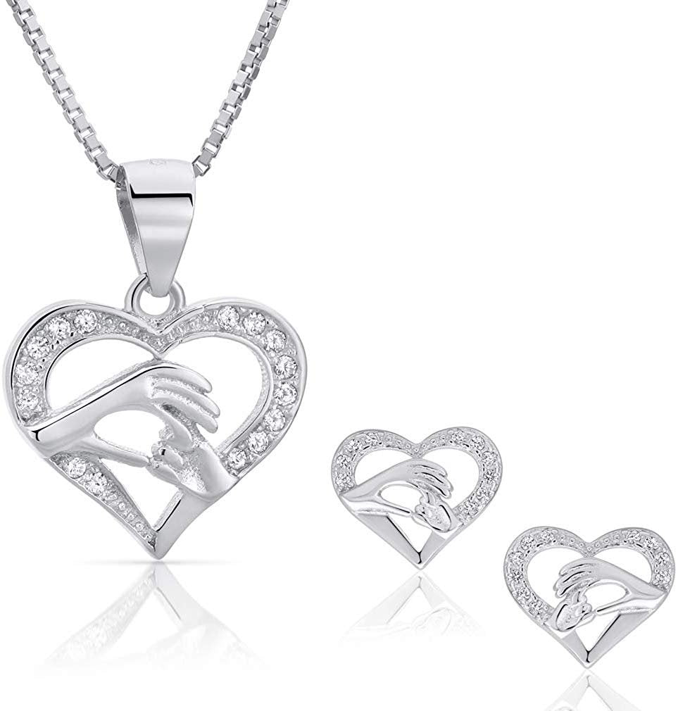 Solid 925 Sterling Silver CZ Mother and Child Love Heart Necklace Earring Jewelry Gifts for Grandmother Mom Daughter Wife