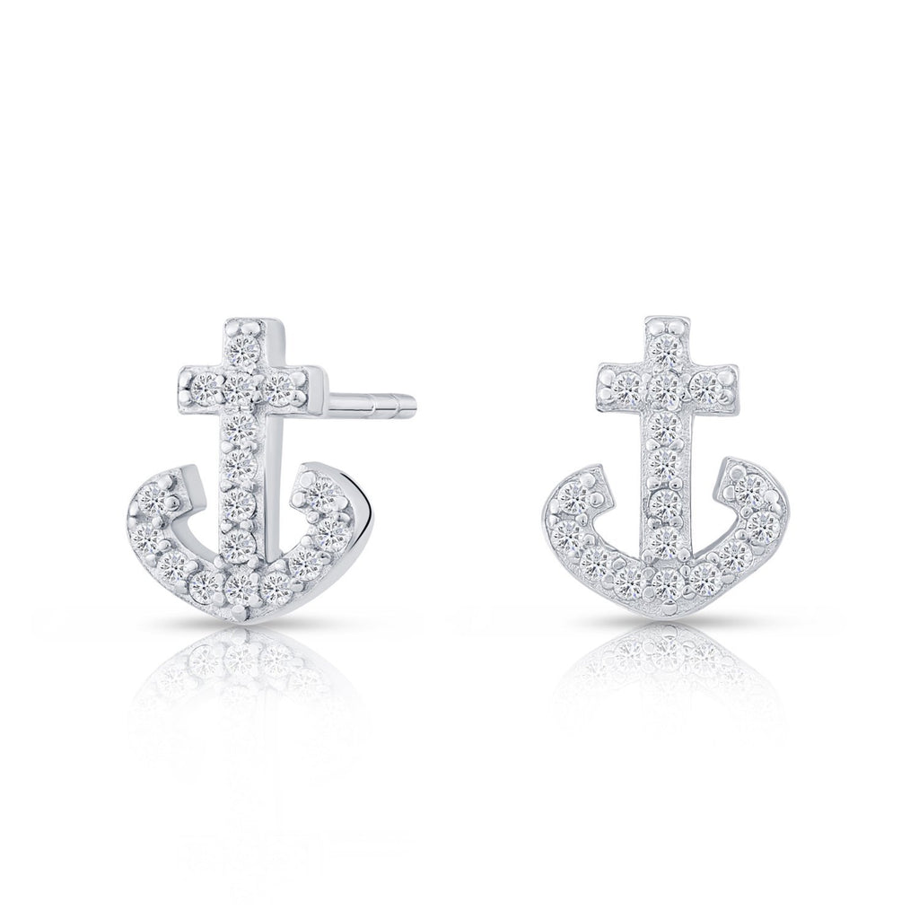 Tiny Sterling Silver Anchor Stud Earrings with Cubic Zirconia