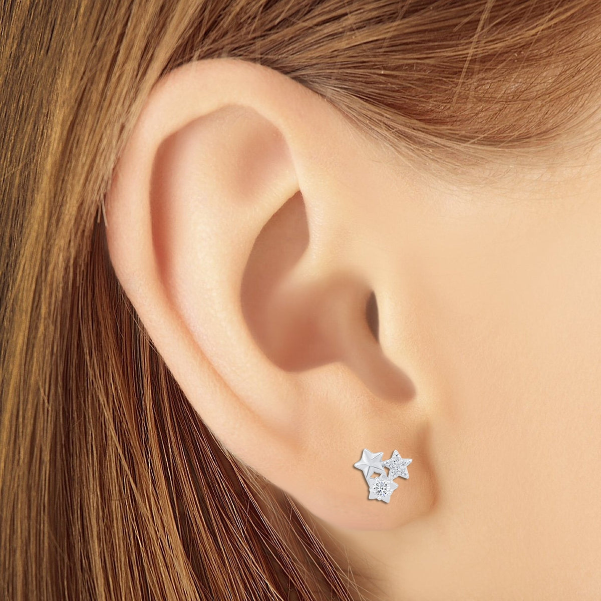 Sterling Silver Triple Star Stud Earrings with Cubic Zirconia