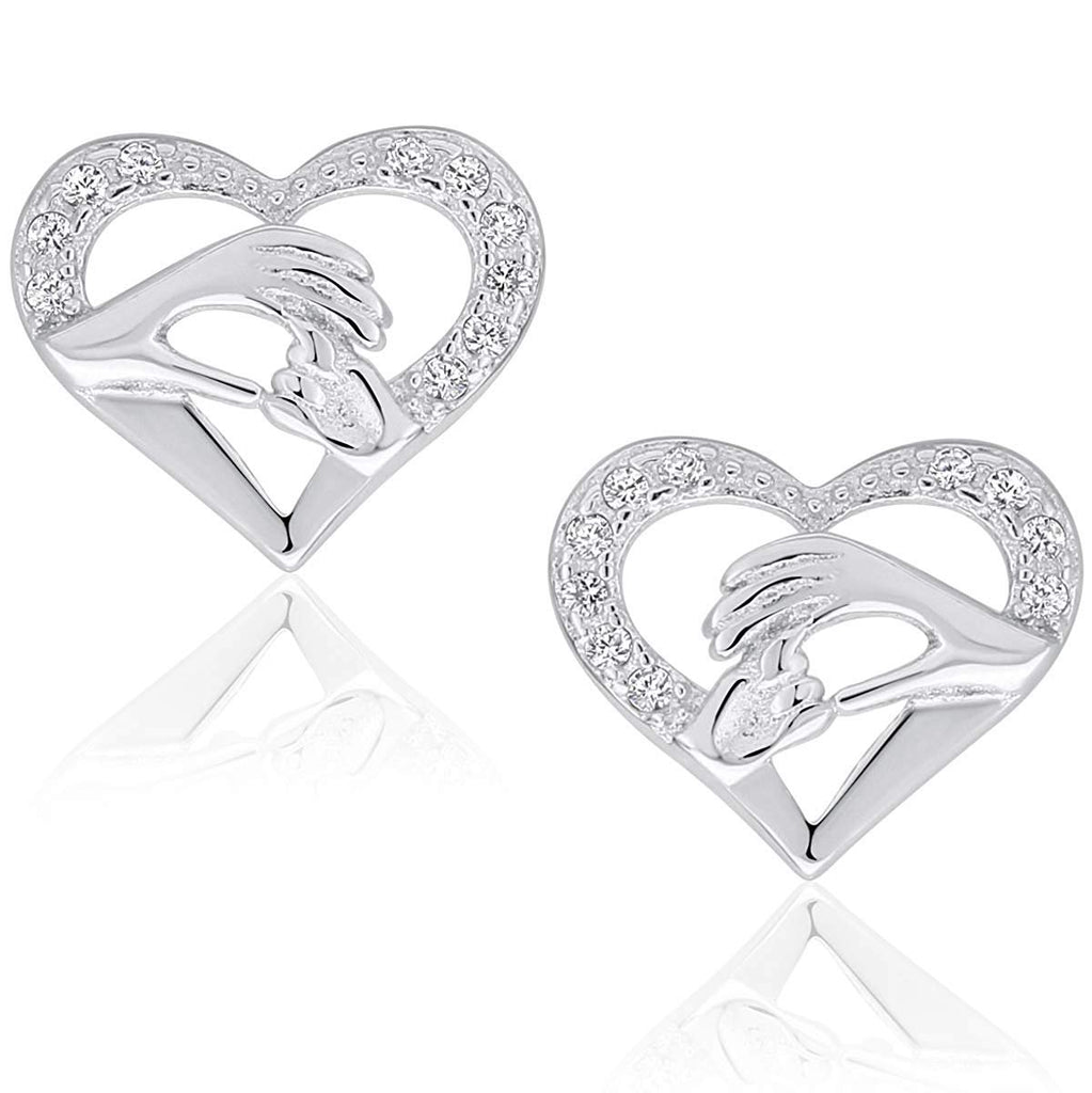 Solid 925 Sterling Silver CZ Mother and Child Love Heart Holding Hands Earrings