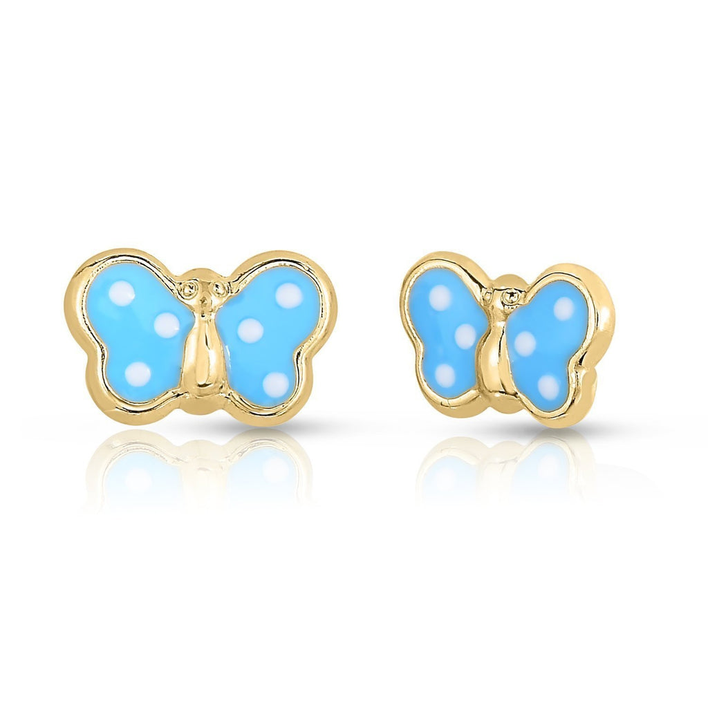 14k Yellow Gold Light Blue Enamel Butterfly Stud Earrings