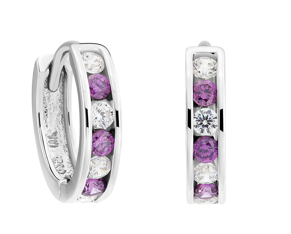 Sterling Silver Huggie Hoop Earring Alternating Cubic Zirconia and Simulated Amethyst (Size 0.5")