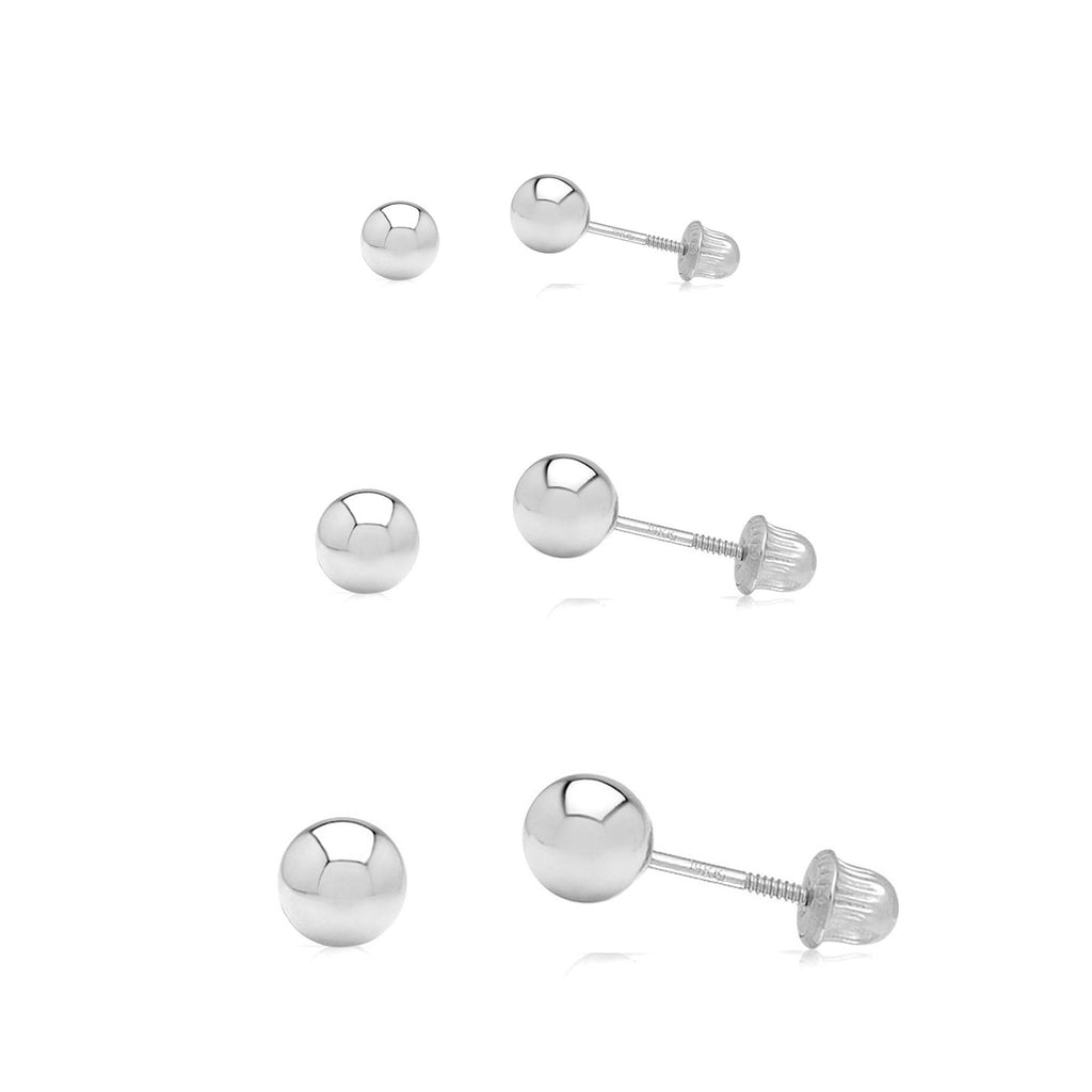 3 Pair Set 14k White Gold Ball Stud Earrings 3mm, 4mm, 5mm with Secure Screw-Backs