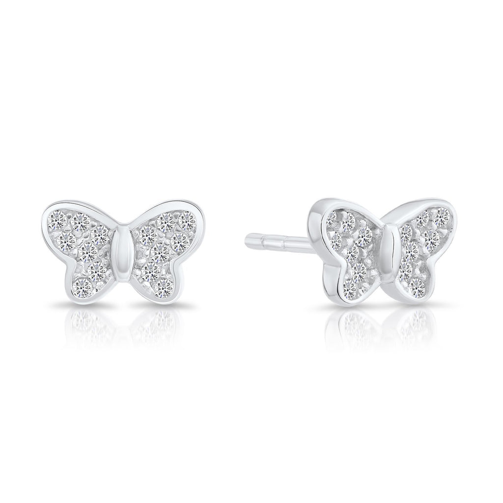 Sterling Silver Tiny Butterfly Stud Earrings with Cubic Zirconia