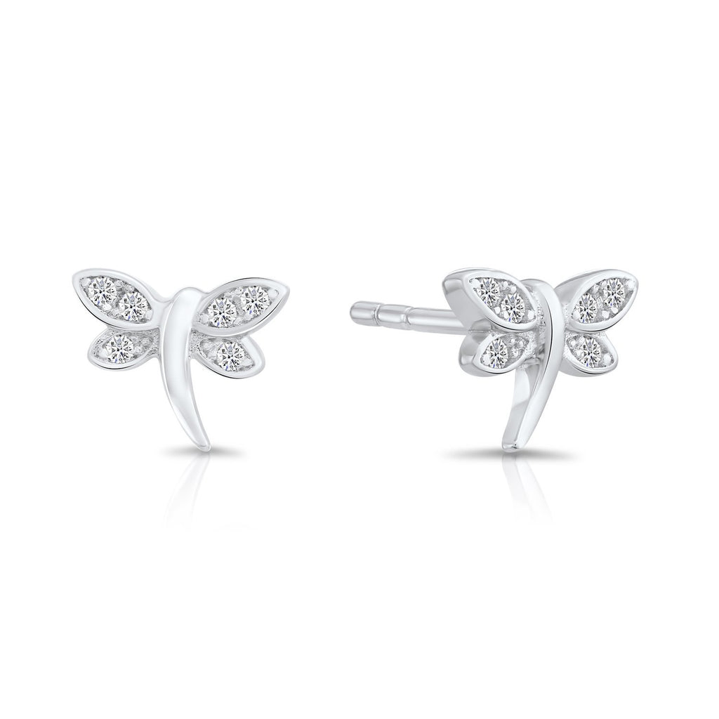 Sterling Silver Tiny Dragonfly Stud Earrings with Cubic Zirconia
