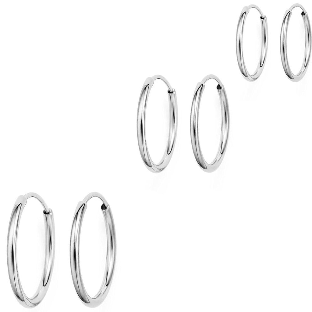 14k White Gold Round Flexible Thin Continuous Endless Hoop Earrings, Three Pairs 10mm, 12mm, 14mm