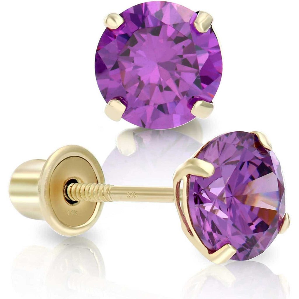 14k Yellow Gold 5mm Amethyst Round-Cut Solitaire Stud Earrings with Secure Comfortable Screw Backings
