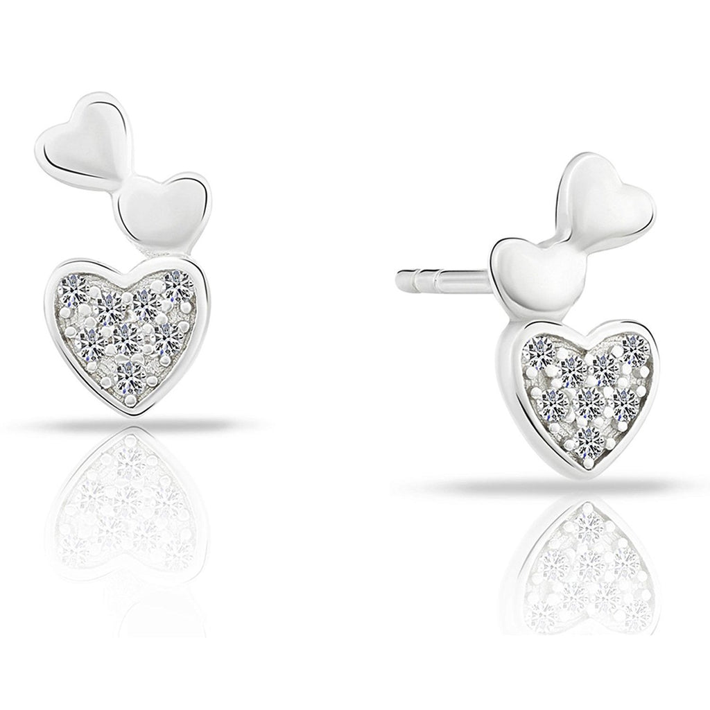 Tiny Sterling Silver Triple Heart Stud Earrings with Cubic Zirconia
