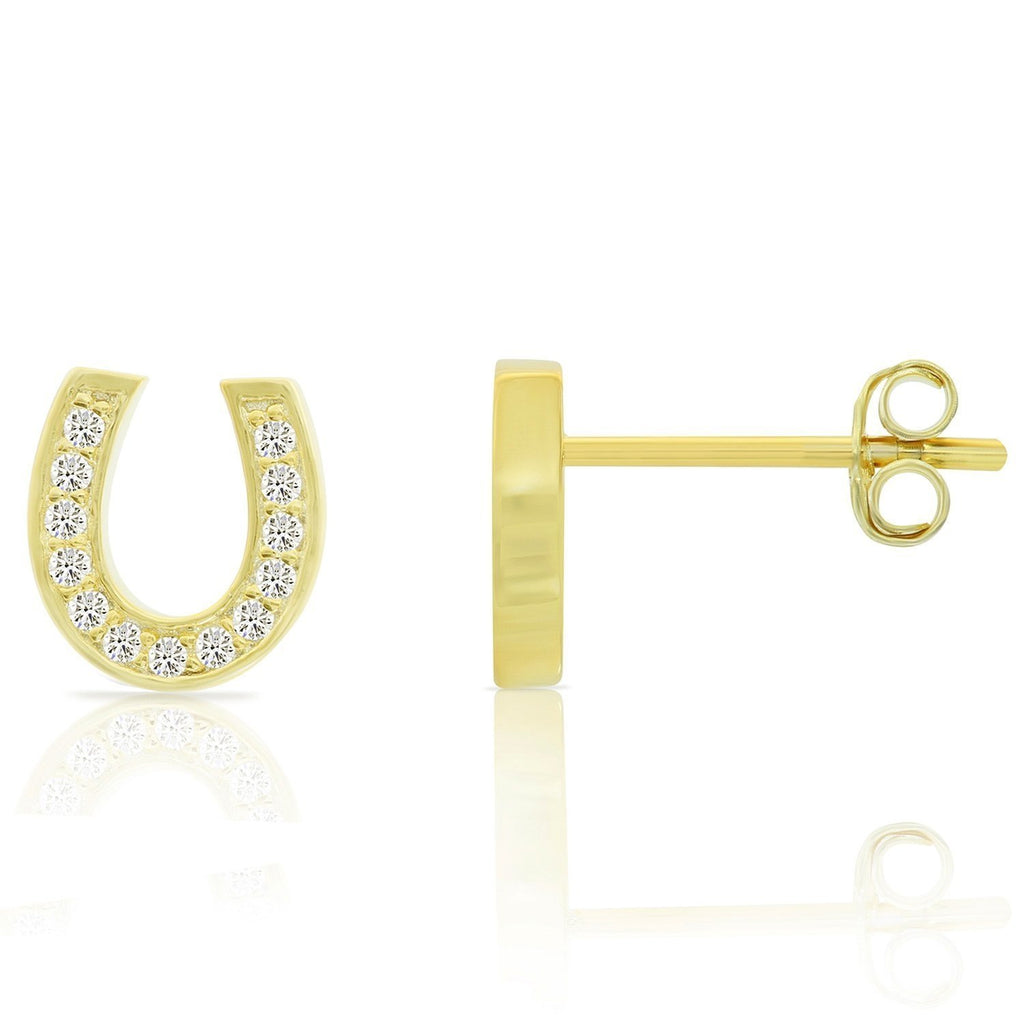 925 Sterling Silver Yellow Gold-Tone Horseshoe Small Stud Earrings with Cubic Zirconia