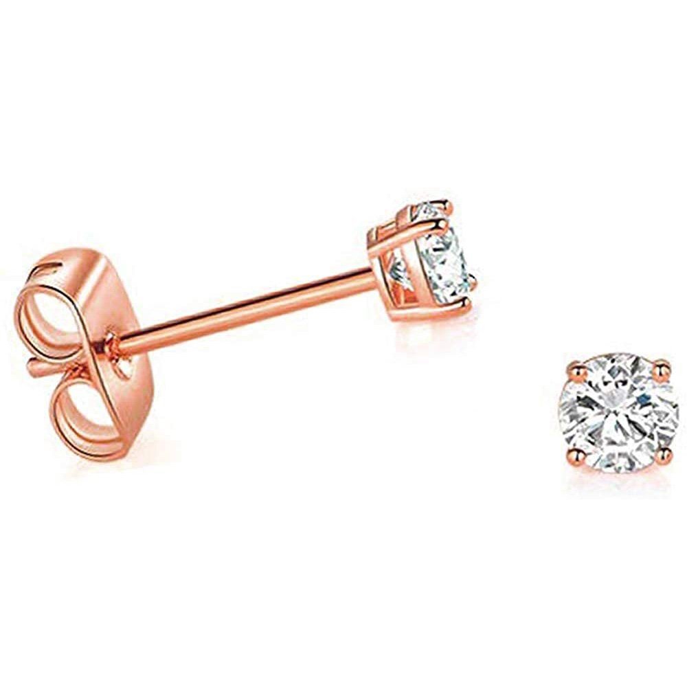 Solid 14k Rose Gold Solitaire Round Cubic Zirconia CZ Stud Earrings with 14k Gold Butterfly Push Backings
