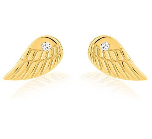 Solid Yellow Gold 14k Wing with Tiny Stone Cubic Zirconia CZ Stud Earrings